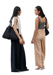 Two young and trendy Asian women meeting, isolated on white and transparent background
