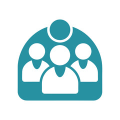 Teal icon representing a group of four people with one in front Keywords: group, people, icon, silhouette, team, community, unity, collaboration