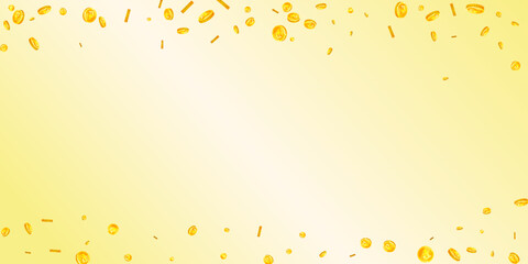 Russian ruble coins falling. Scattered gold RUB