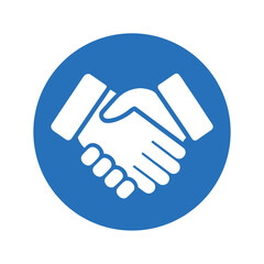 White handshake icon on a blue circle background agreement partnership