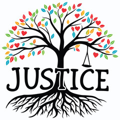 A tree of justice with colorful leaves, heart shaped fruits, and roots symbolizing equality, fairness, and the pursuit of happiness