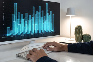 Financial analyst reviewing holographic business growth charts and investment data on a computer