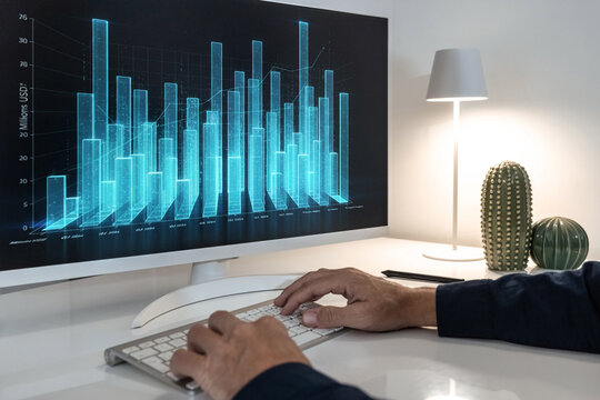 Financial analyst reviewing holographic business growth charts and investment data on a computer