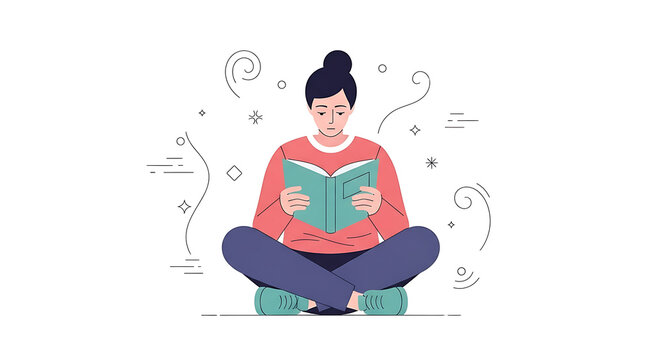 Stylized vector illustration of a young woman sitting cross-legged on the floor, deeply absorbed in reading a book.