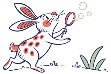 Cartoon Rabbit with Spots Blowing Bubbles on White Background
