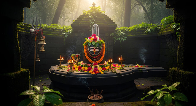Shivling decorated with flowers and lamps in forest temple representing mahadev worship during early morning sawan purnima and holy sawan shivratri ... 