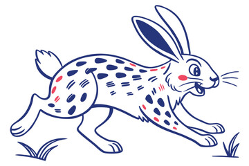 Cartoon Running Hare with Navy Spots and Pink Accents on White Background