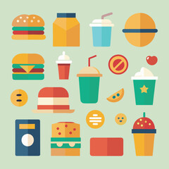 Set of 18 flat vector icons for food delivery and fast food services featuring diverse culinary items and delivery elements