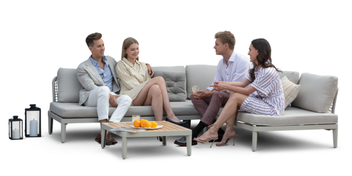 Two couples sitting on an outdoor patio sofa and talking. Isolated on white and transparent background