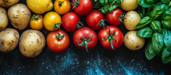 Fresh tomatoes, potatoes, herbs on dark counter