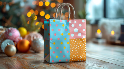 Gift bag on table by Christmas tree with ornaments and bokeh lights