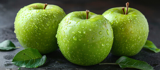Fresh green apples with water drops on dark background
