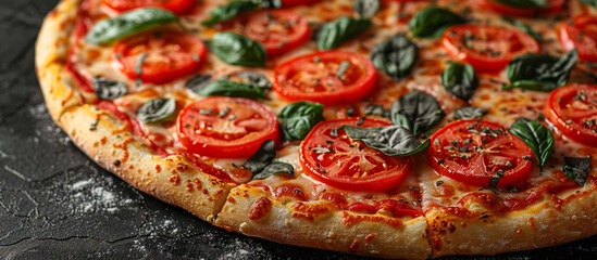 Fresh tomato basil pizza on dark background, flour dusted surface