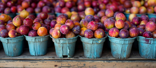 Fresh figs in blue baskets at a market stall