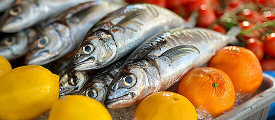 Fresh fish on ice at market with citrus and tomatoes