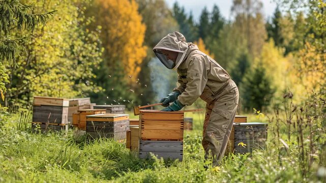 Joy of beekeeping in a sunny forest as a beekeeper tends to hives