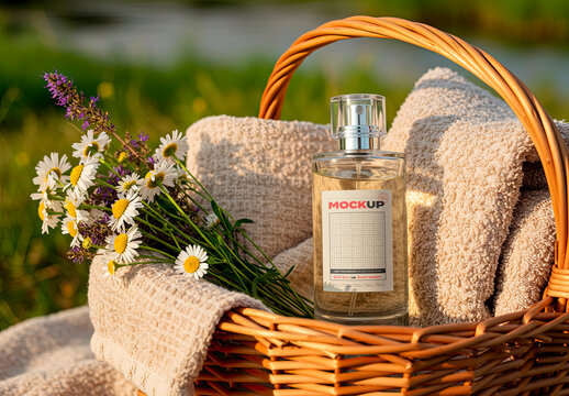 Perfume on Basket Spring Scent Label Mockup