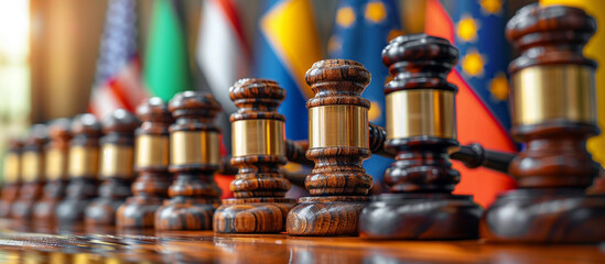 Gavels lined up on table, international flags backdrop, legal decision