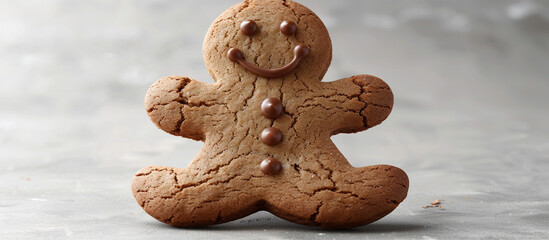 Gingerbread man cookie on grey surface, simple background