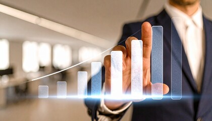 A businessman in a suit touches a glowing bar graph, symbolizing financial growth and success in a modern office setting.