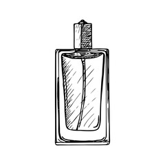 Sketch illustration of a glass spray perfume bottle. Fashion, cosmetics concept. Outline drawing in engraving style. Hand-drawn vector line art clipart, isolated