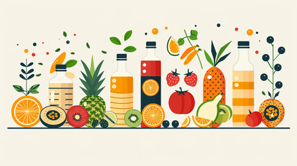 Fruit juice bottles, fresh fruits, and leaves on a table