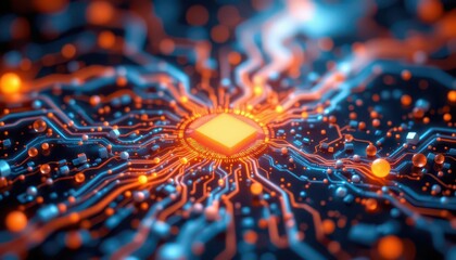 Futuristic Circuit Board with Glowing Central Chip