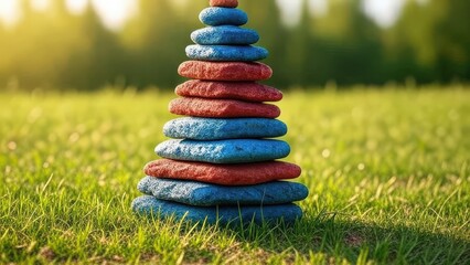 Stack of balanced stones on grass like a small pyramid tower