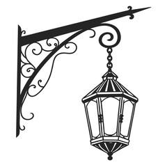 Ornate street lamp hanging from a decorative wrought iron bracket