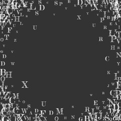 Flying latin letters. White chalk  scattered