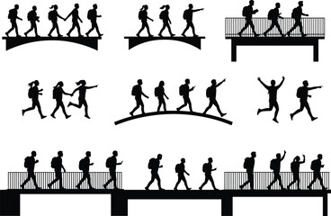 Bridge walking silhouettes, urban pedestrian movement, people on walkway, running, gesturing, elevated path, public space activity, vector set, black icons, motion poses