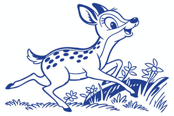 Cartoon Spotted Fawn Running with Grass and Flowers in Navy Outline on White