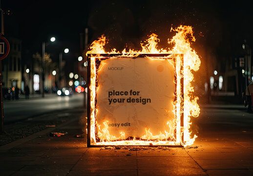 Square Street Sign on Fire Mockup