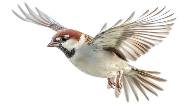 A house sparrow in flight isolated on transparent background, its wings spread wide, showcasing its brown and grey feathers, and poised for a graceful aerial maneuver
