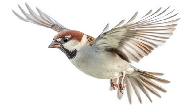 A house sparrow in flight isolated on transparent background, its wings spread wide, showcasing its brown and grey feathers, and poised for a graceful aerial maneuver