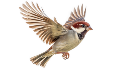 A house sparrow flying isolated on transparent background, showcasing its brown and grey plumage, wings spread wide, and poised for flight in a clear, bright setting