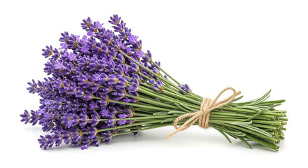Fresh Lavender Sprigs Tied with Twine Isolated on Plain White Background