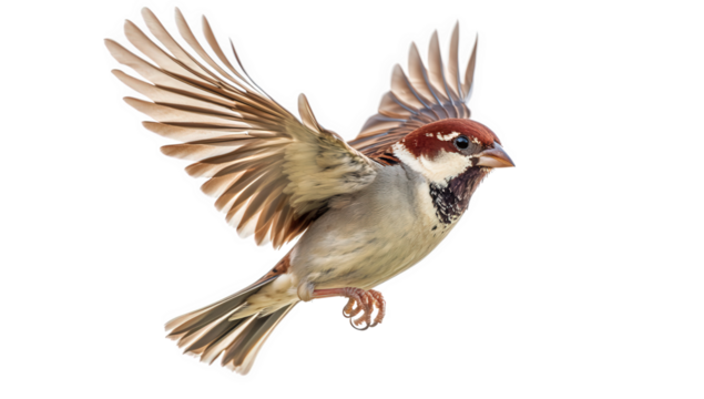 A house sparrow flying isolated on transparent background, showcasing its brown and grey plumage, wings spread wide, and poised for flight in a clear, bright setting