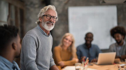 Obraz premium Senior businessman leading meeting with diverse team.