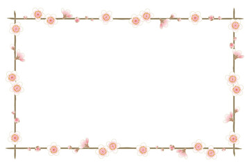 Japanese plum blossom floral frame with white flowers on transparent background, decorative border for New Year and spring	
