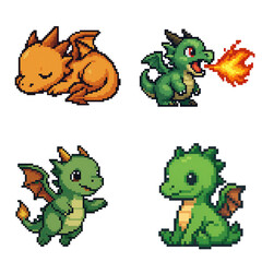 Obraz premium Pixel art style animal set baby dragon sleeping and playful breathing fire cute fantasy creature joyful