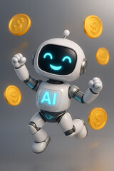 A happy cartoon ai robot jumping for joy surrounded by floating golden dollar coins, representing artificial intelligence in financial success and lucrative business