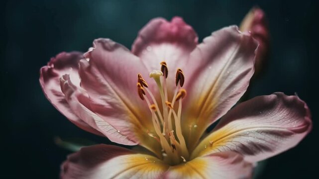 Close-up of a pink and yellow lily flower with visible stamen and petals.
