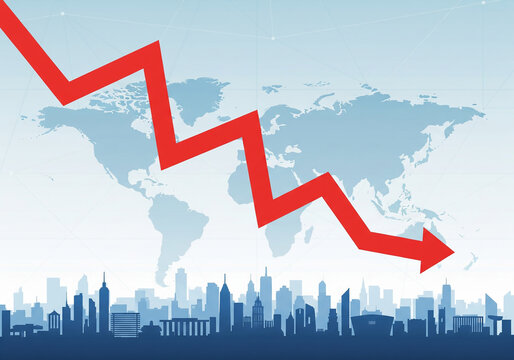 Global economic crisis red arrow city skyline world map - Powered by Adobe