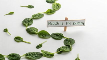 Spinach leaves arranging a path to the health journey sign