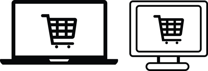 Black shopping cart icons displayed on a laptop and desktop computer screens in online shopping e-commerce
