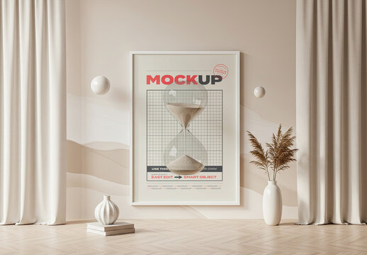 Surreal Cream Scene Vertical Mockup with Sand Clock
