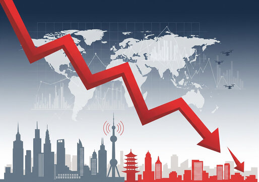 Global economic downturn world map cityscape red arrow illustration
