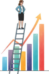 Woman on ladder with bar graph and arrow showing growth.