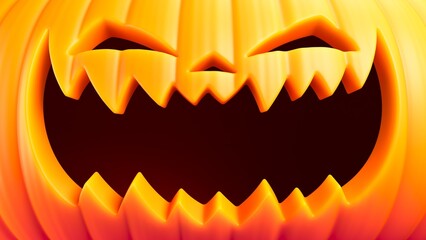 Fototapeta premium Halloween pumpkin face with large smiling mouth in cartoon style and festive spooky mood. Stylized Halloween funny jack-o'-lantern with humorous facial expression radiating warmth and joy. 3d render